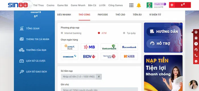 Giao dịch nạp tiền - rút tiền Sin88 nhanh chóng